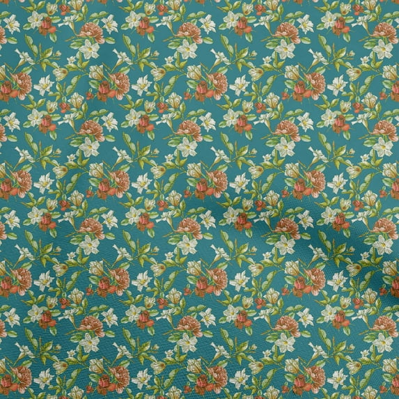 oneOone Cotton Flex Teal Green Fabric Florals Craft Projects Decor Fabric Printed By The Yard 40 Inch Wide
