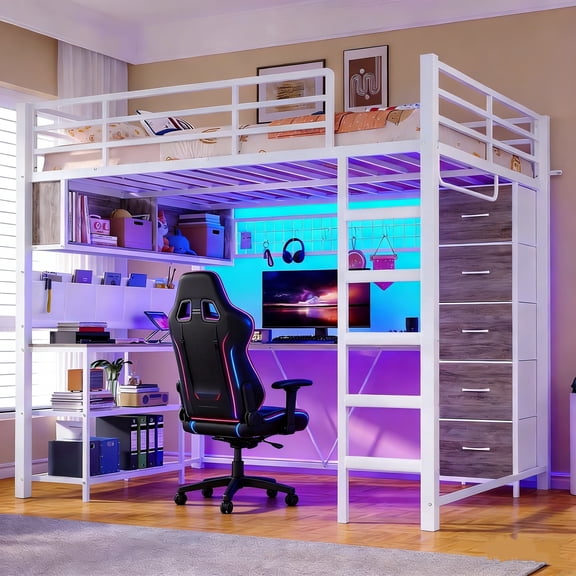 Full Size Loft Bed with Desk & 5 Storage Drawers, LED Metal Loft Bed with Storage Bags & Clothes Hanging Rail, White