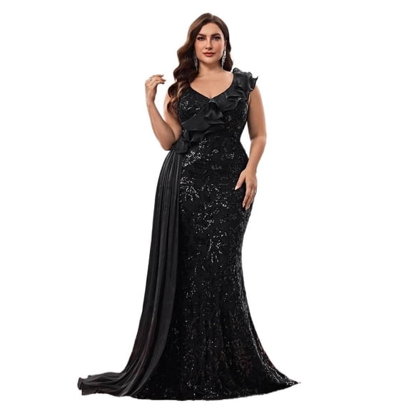 AURA Plus Size Evening Dress Sequin V Neck Ruffle Sleeve Party Long Slim Fit Black Polyester 0XL-4XL