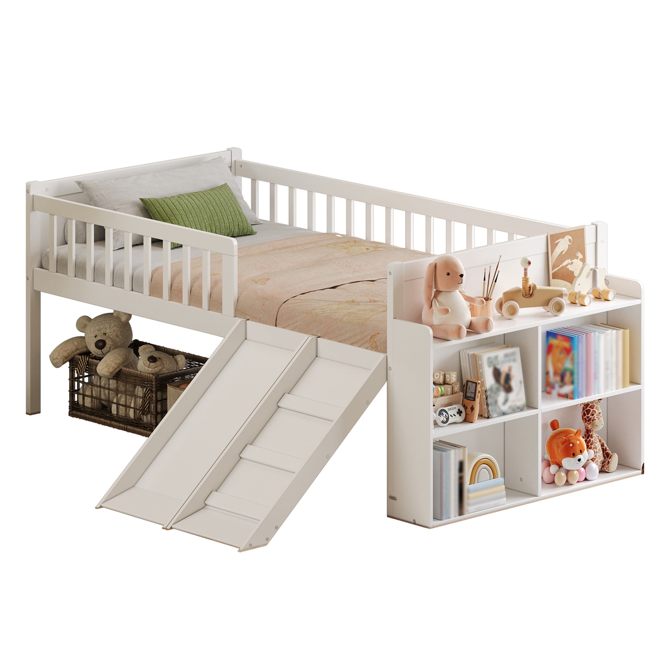 Noble House Twin Bed Frame with Storage Shelf, Platform Bed with Slide and Guardrail, White