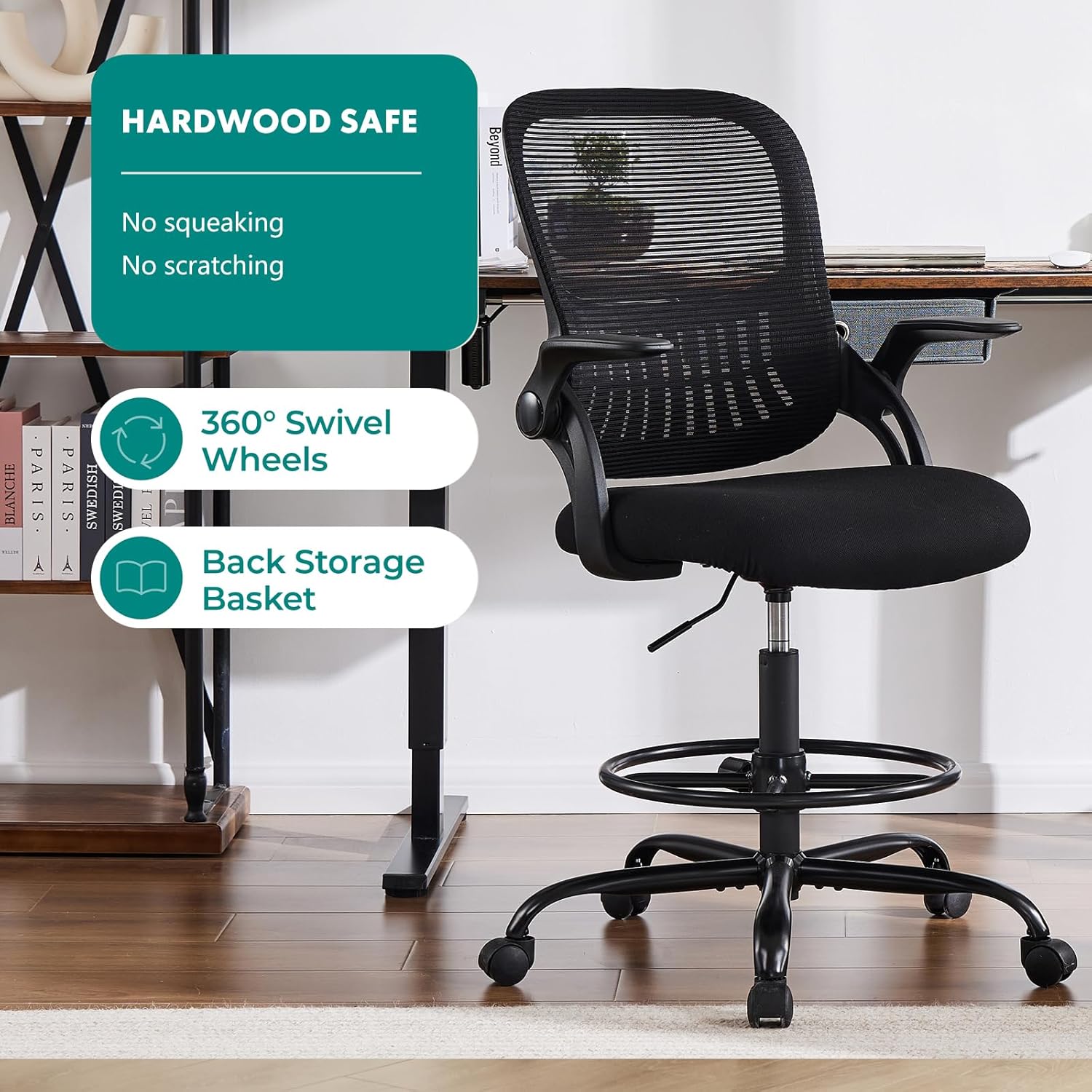 Howcool Drafting Chair Tall Office Chair with Adjustable Foot Ring, Height Adjustable Swivel Rolling Counter Height Chair for Standing Desk Home Office