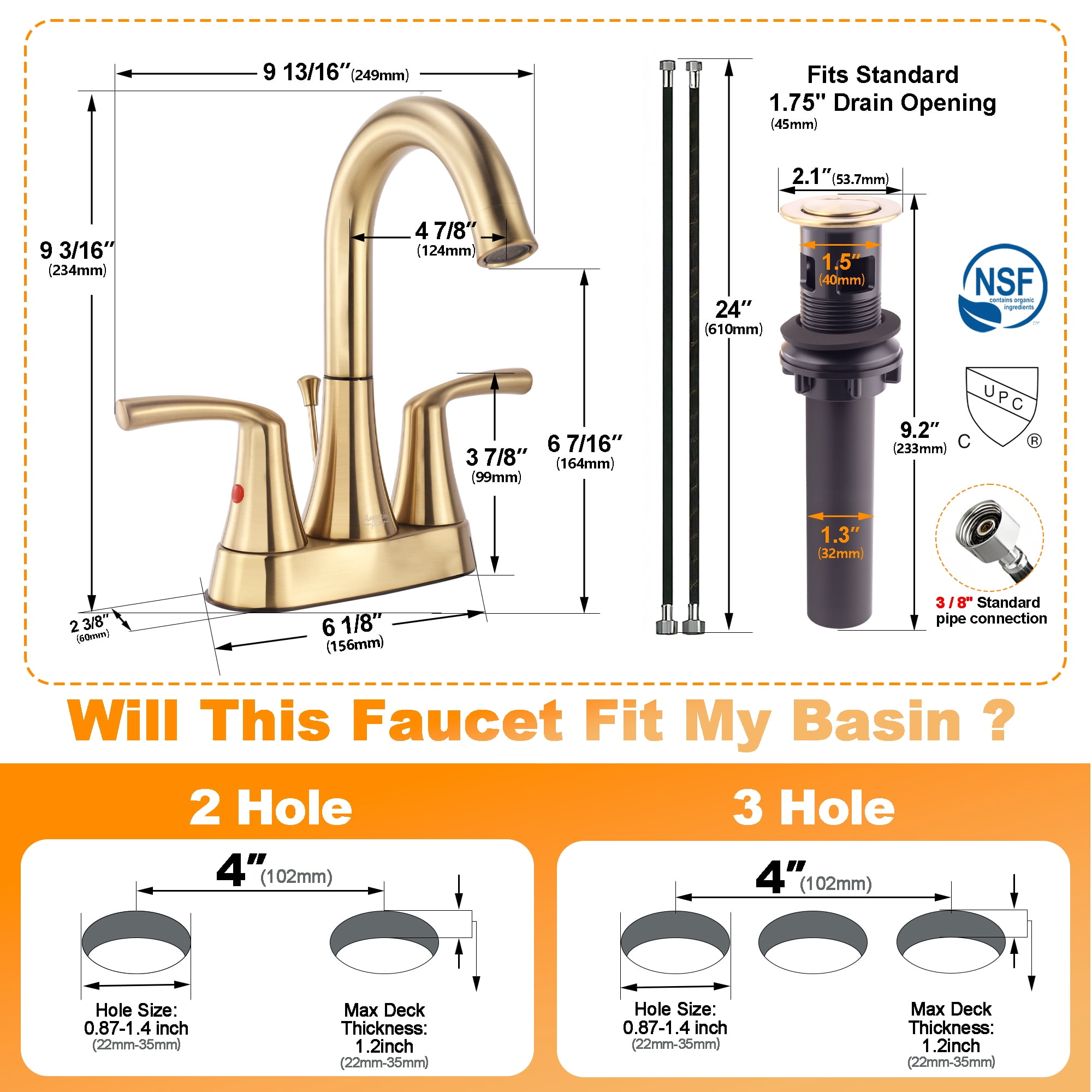 Sunrinx 4-Inch Bathroom Sink Faucet Brushed Gold 2 Handle Centerset High Arc Swivel Faucet