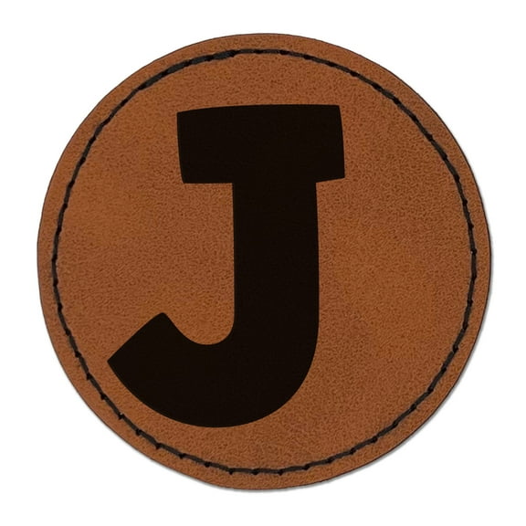 Letter J Uppercase Fun Bold Font 2.5" Faux Leather Round Engraved Iron-On Patch - Brown