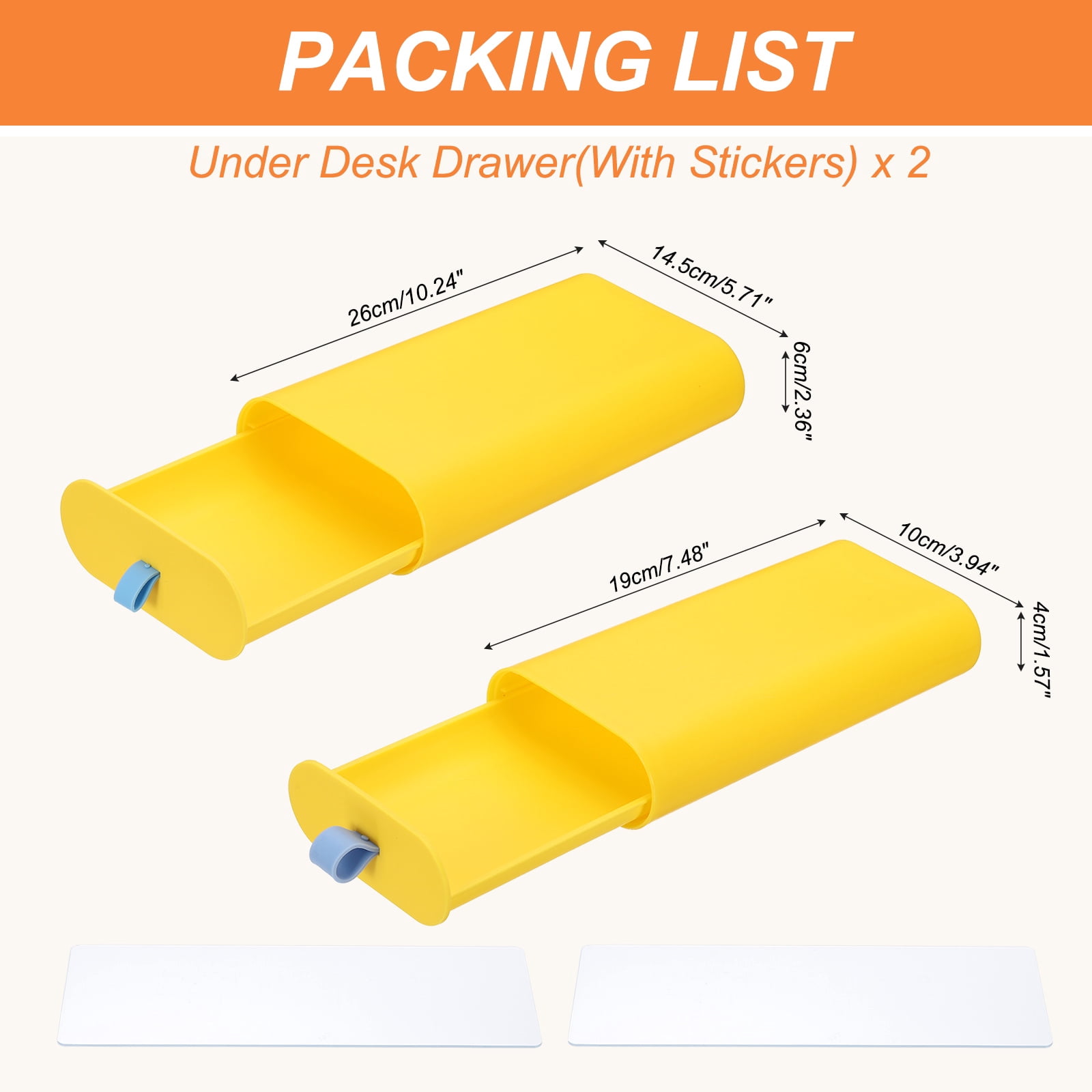 Uxcell Under Desk Drawer Self-Adhesive Slide Out Storage Box Attachable Organizer for Home Office Classroom, Yellow, 2 Pcs