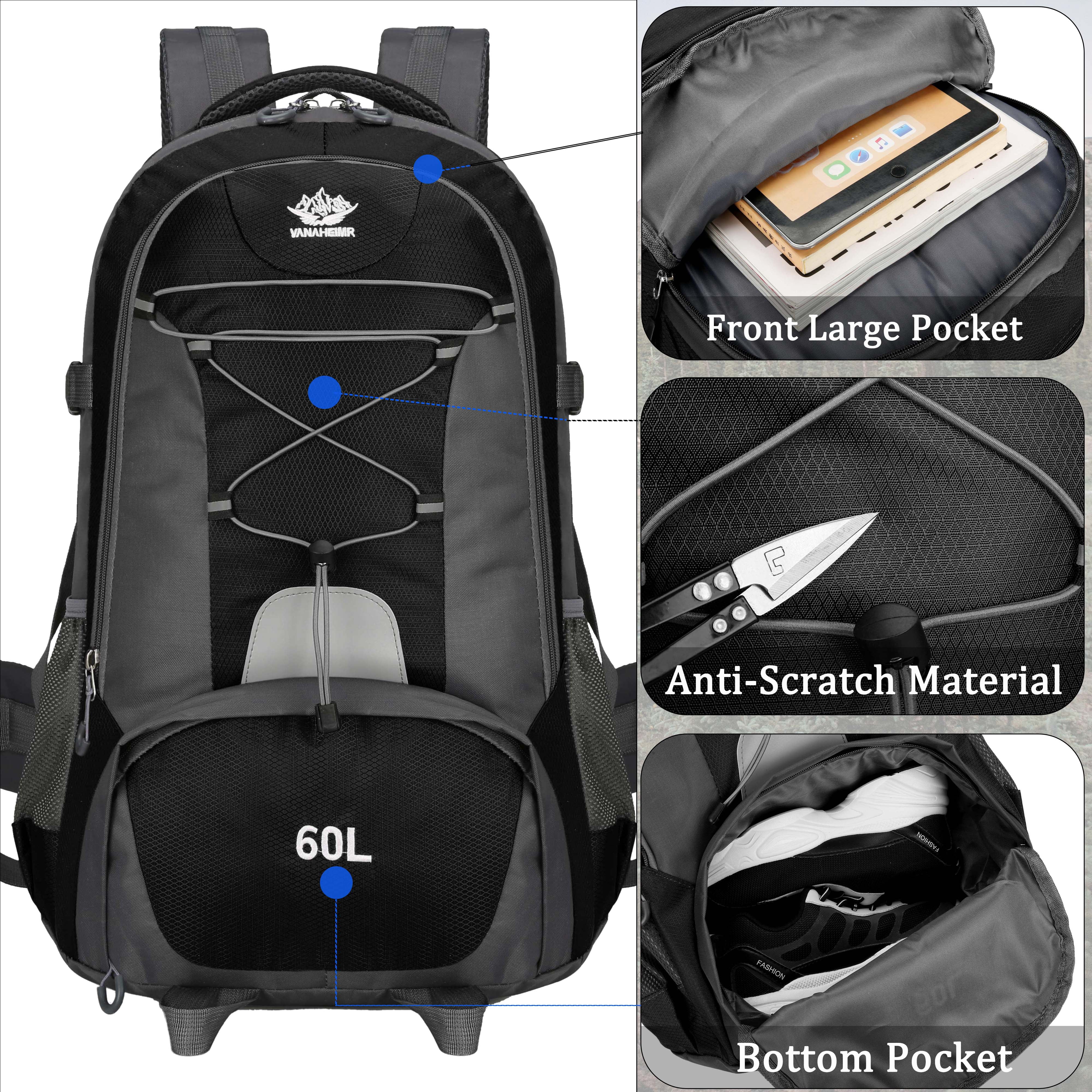 60L Lightweight Hiking Camping Backpack,Hunting Climbing Backpack for Outdoor,Backpack Water Resistant,Tactical Backpack for Men Women