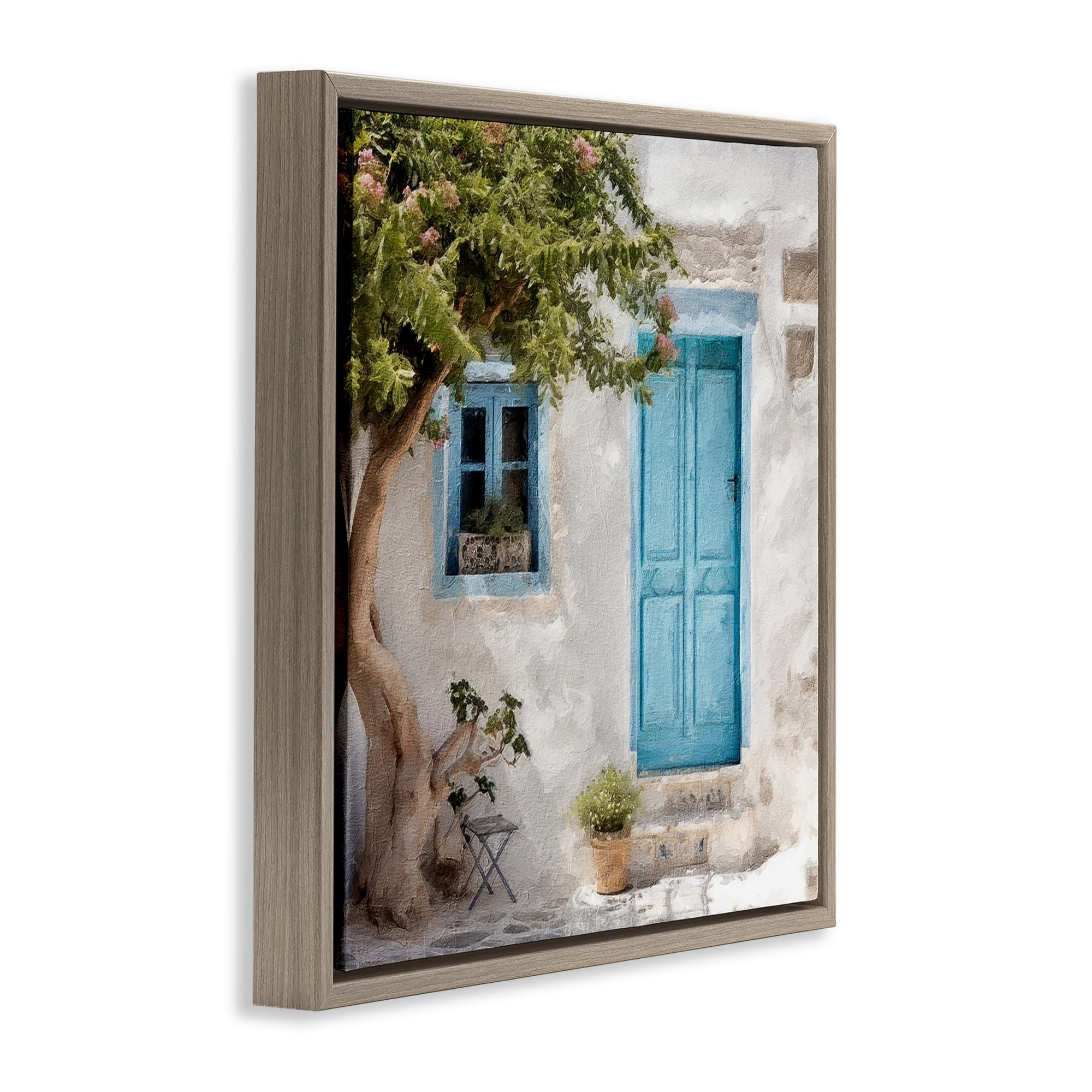 Stupell Industries Blue Door & Tree Town & City Painting Brown Floater Framed Canvas Art Print Wall Art, 25 x 25