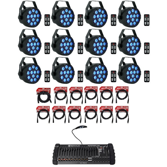 12) Rockville RockPAR TRI LED RGB Black Wash Par DJ Lights Cables DMX Controller
