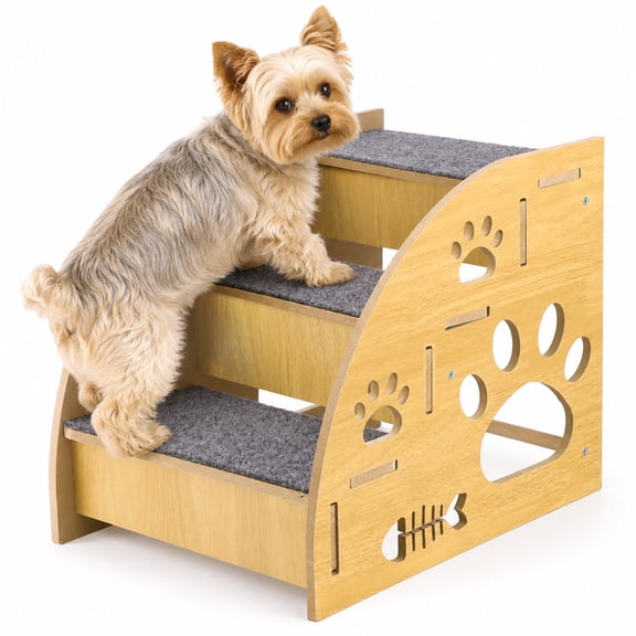 Wooden Dog Stairs, 3 Tier Stable Pet Steps with Non Slip Carpet Treads, 13.4 x 11.8 x 15.7 in Low Incline Indoor Pet Ramp for Sofa & Bed, Offering Reliable Support to Active Small Dogs and Senior Ca