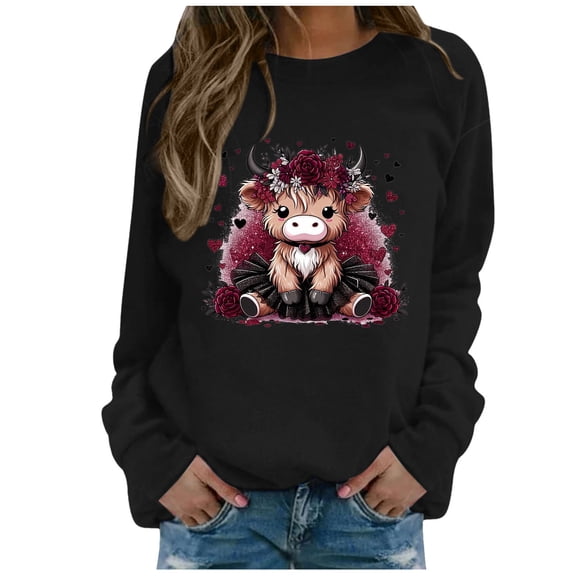 Women's Crewneck Sweatshirts Highland Cattle Print Fall 2026 Pullover Casual Lightweight Long Sleeve Tunic Tops