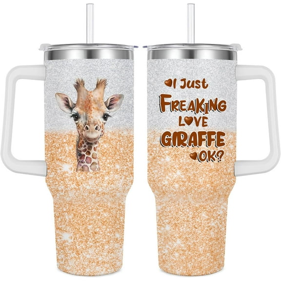 Giraffe Gift: 40 oz Insulated Stainless Steel Tumbler with Handle & Straw