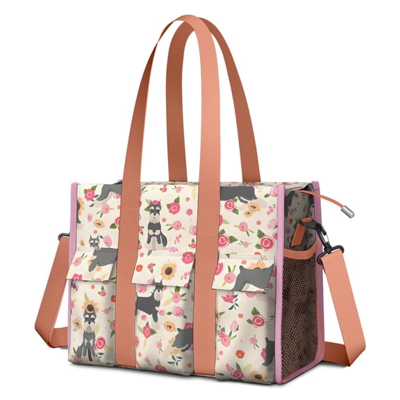 Teacher Tote Bag,Schnauzer Dog and Pioneer Flower Teacher Utility Tote Bag,Large Work Tote Bags for Women with Multiple Pockets,Top Zipper Closure,13.8x10.6x6.7 Inch