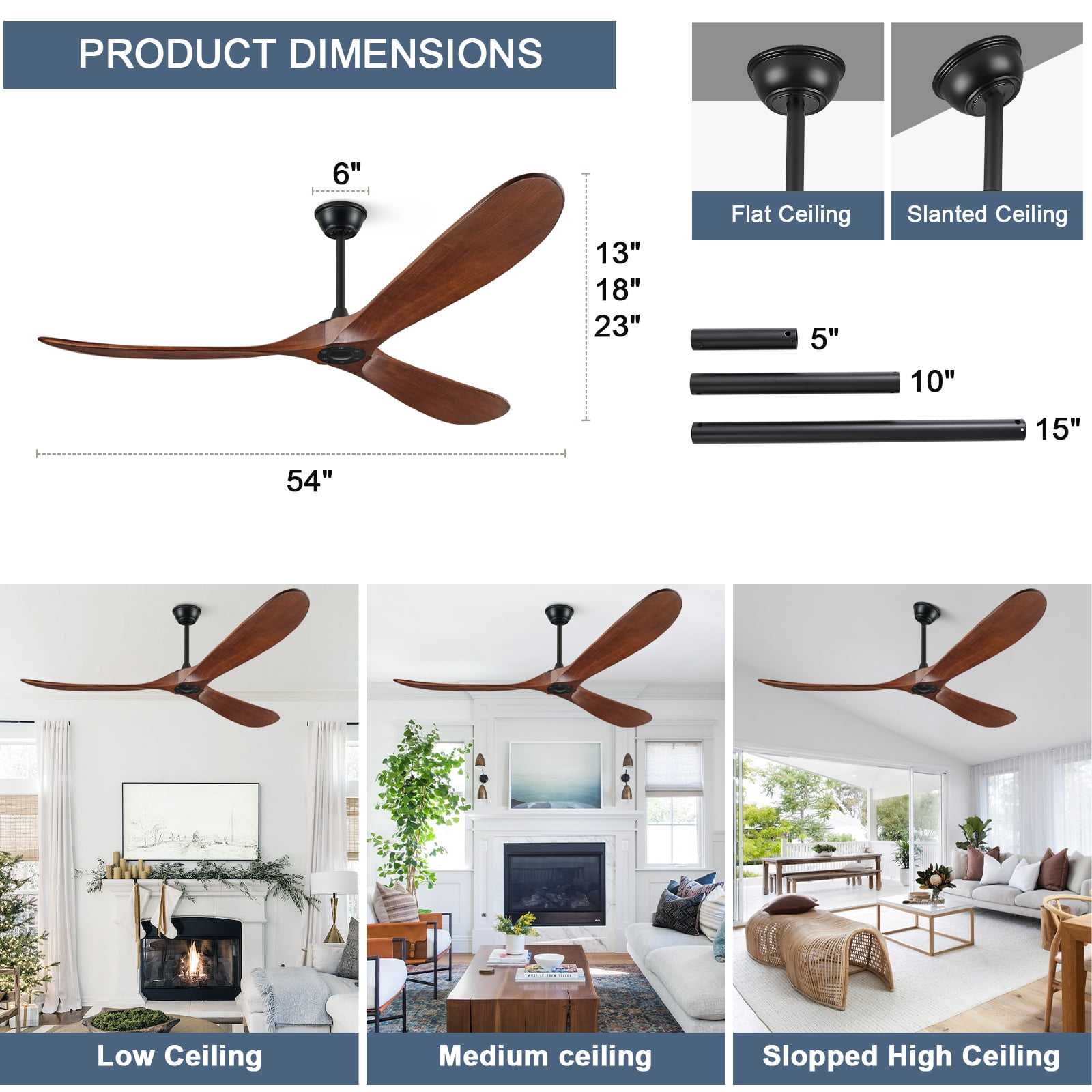 54" Modern 3-Blade Solid Walnut Ceiling Fan (No Light) - 6-Speed Quiet DC Motor Ceiling Fans With Remote Control, Indoor/Outdoor/Patio (Coastal/Farmhouse)