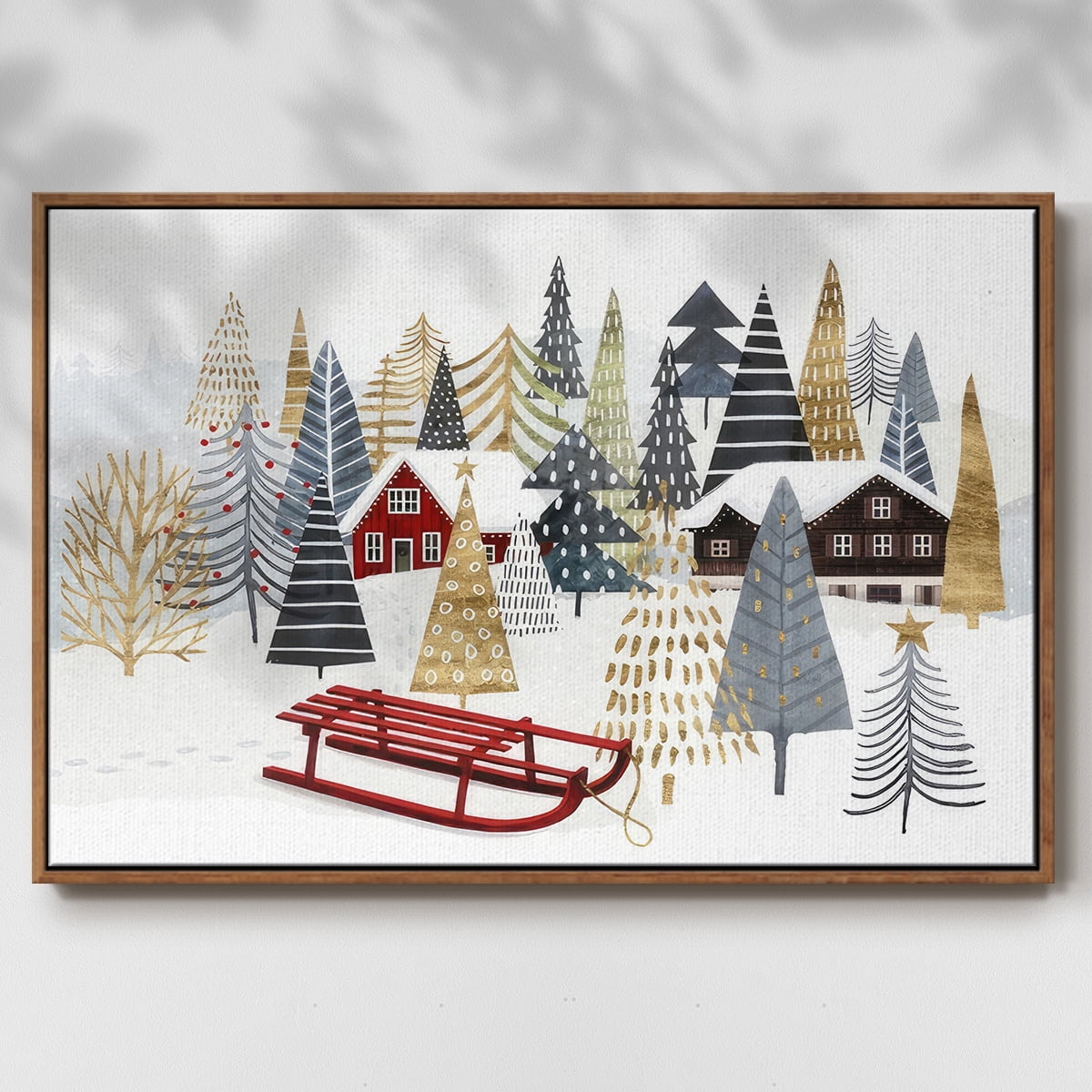 Christmas Chalet Collection A - Framed Gallery Wrapped Holiday Canvas - 17 x 25 - Rosewood Frame