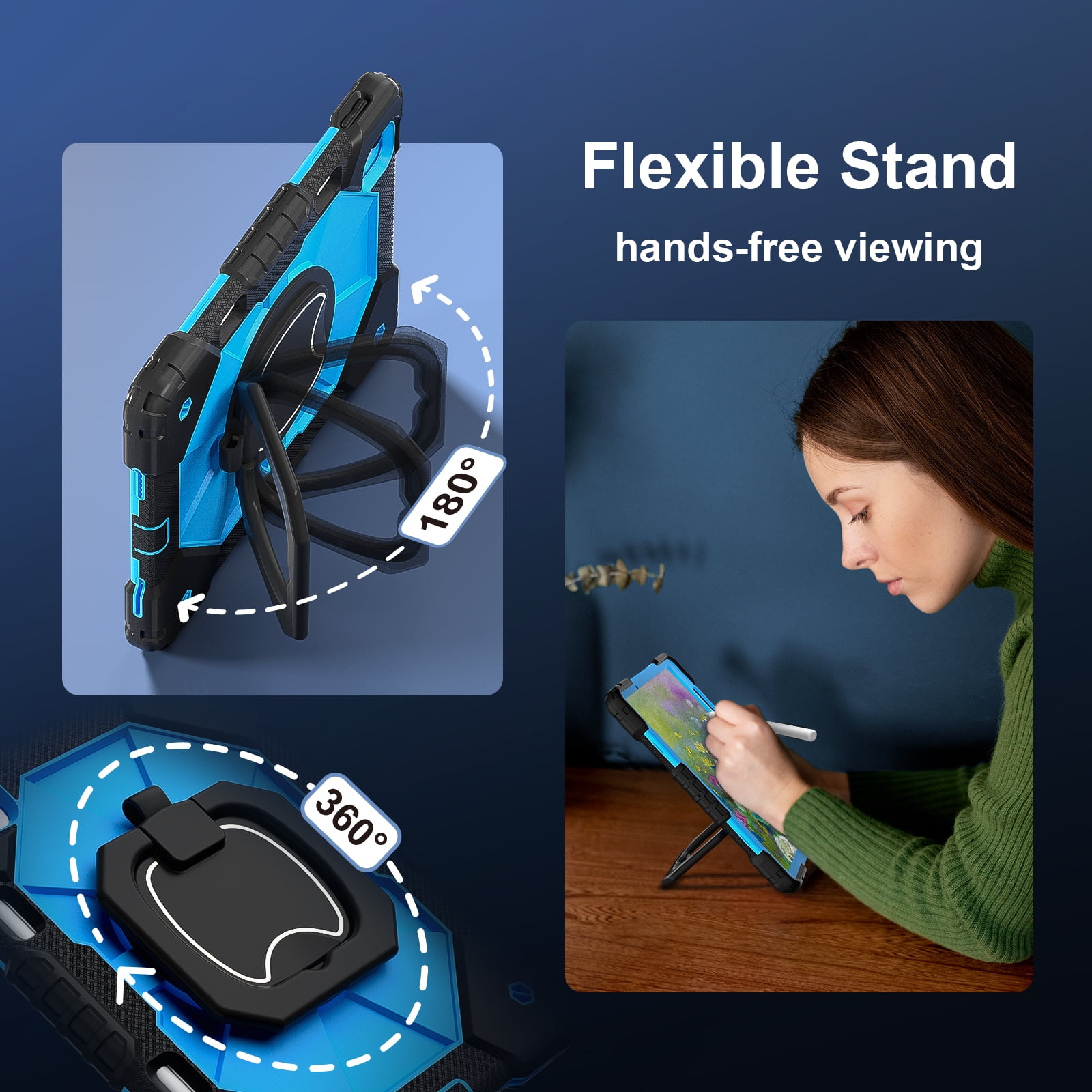 Dteck with Pencil Holder Case for iPad Air 13 inch 2025/2024,Heavy Duty Silicone Case 360 Degree Rotating Handle Stand Cover with Shoulder Strap for iPad Air 13-in. M3/M2,Black+Blue