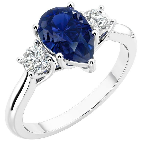PEORA 14K White Gold Pear Shape Created Blue Sapphire and Lab Grown Diamond 3 Stone Trellis Ring, 2 Carats total, Size 8