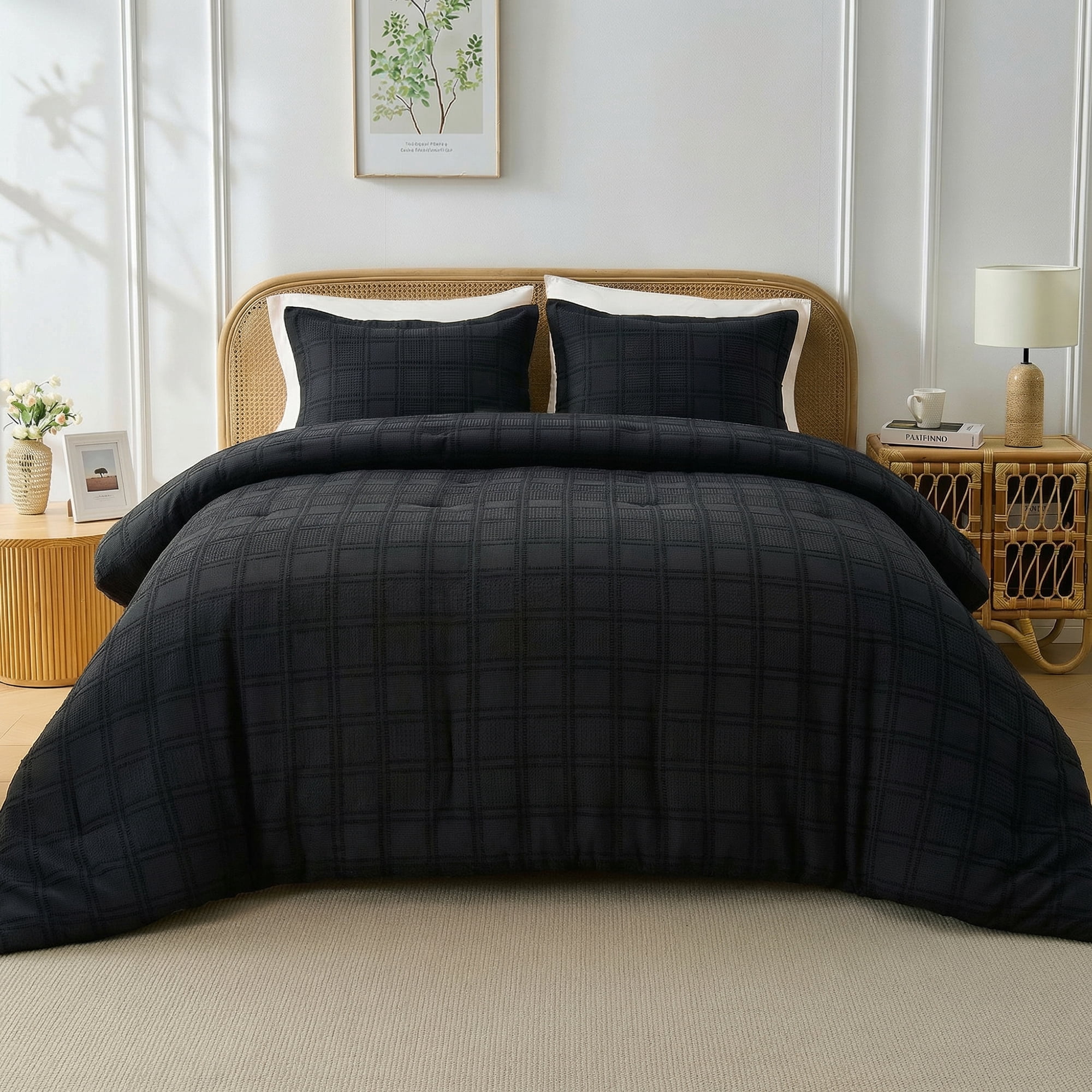 Regency Heights Waffle Weave Comforter Set, Full/Queen Size Textured Comforter Bed Set, 3-Piece Lightweight Bedding Set with Pillow Shams for All Season, Black
