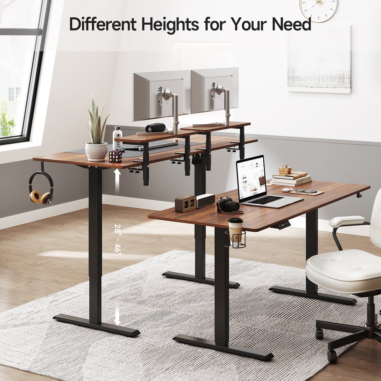 63 x 24 Inches Standing Desk with 2 Adjustable Monitor Shelves,  Electric Stand Up Desk Adjustable Height from 28-46 inches for Home and Office, Walnut