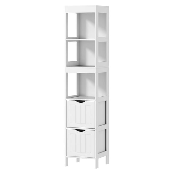 COCOKUN Narrow Bathroom Storage Cabinet with 2 Drawers & 3 Open Shelves, Slim Floor Cabinet for Bathroom, White