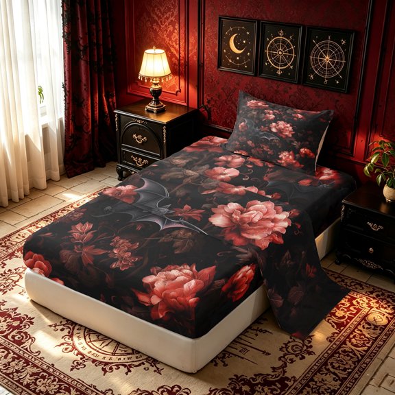 Erosebridal Romantic Floral Print Twin Sheets, Gothic Bat Bedding, Black Maroon, Black Reversible, 3-Piece, 1 Flat Sheet, 1 Fitted Sheet and 1 Pillowcase