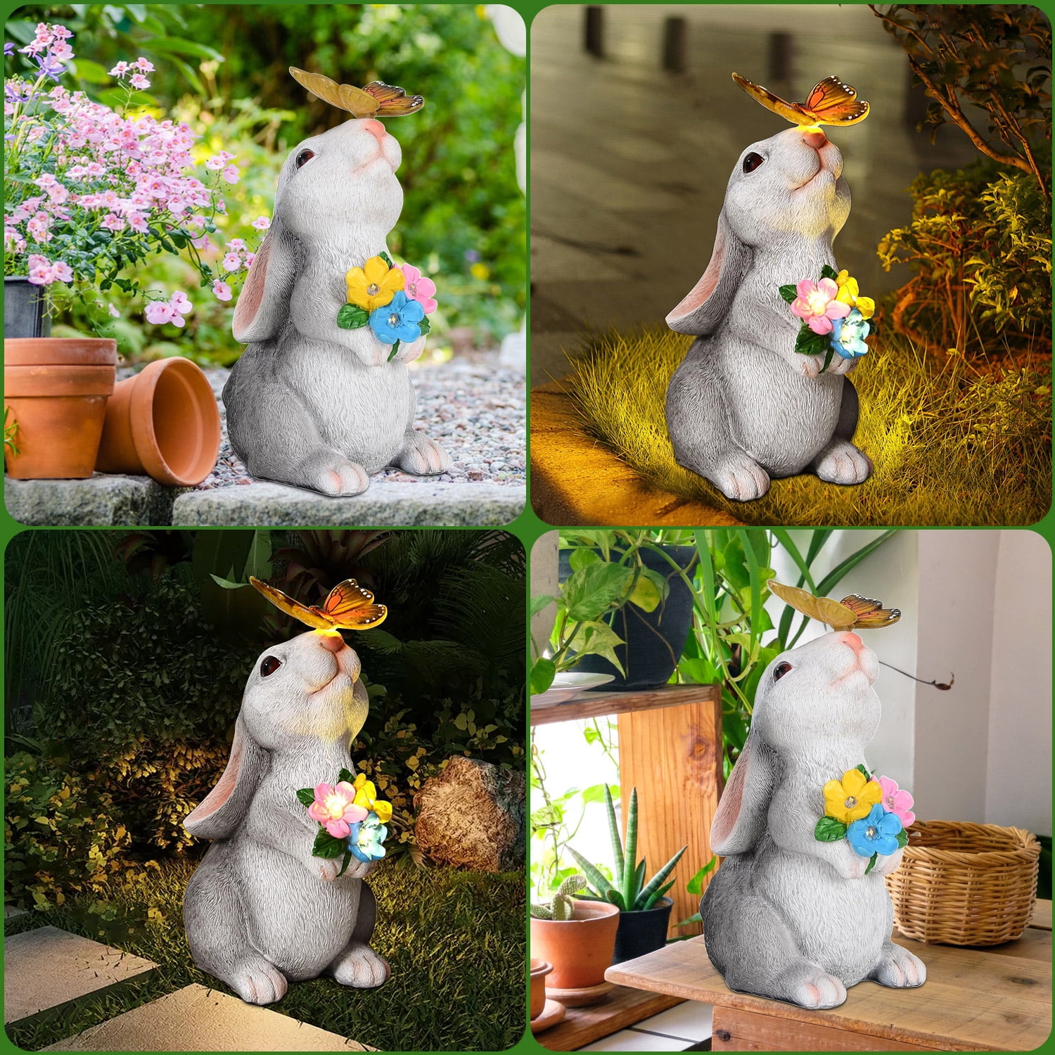 Rirool Solar Rabbit Garden Statue with LED Lights & Butterfly - Hand-Painted Outdoor Decor for Lawn, Patio - Waterproof Easter Gift for Women, Mom