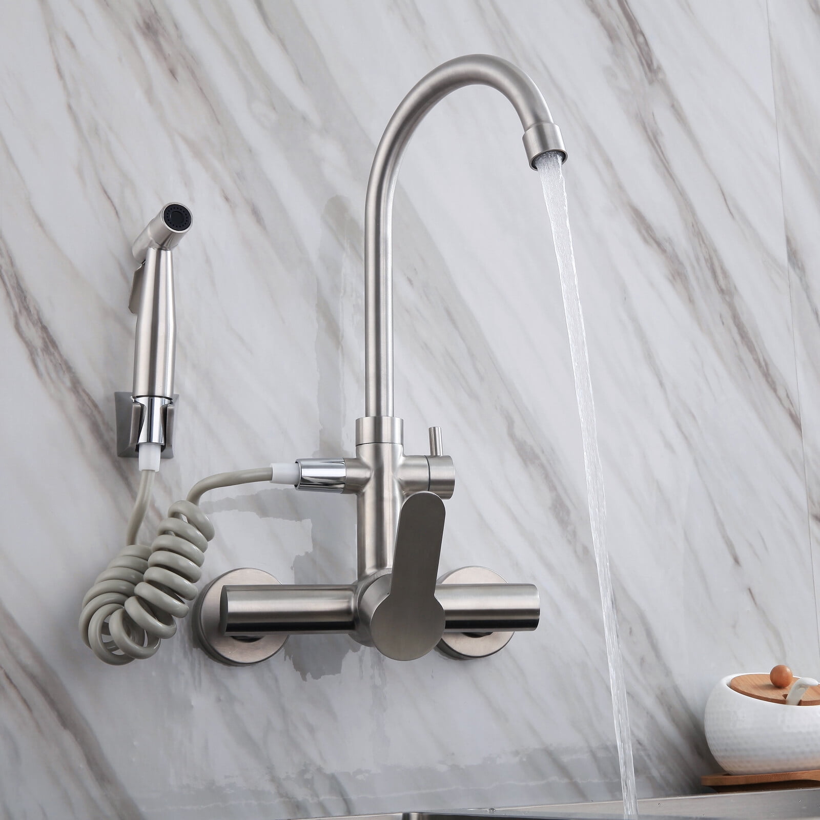 Silver Single Handle Wall-mounted Stainless Steel Faucet 360° Rotation Kitchen Faucet for Homes Restaurants Shopping Centers