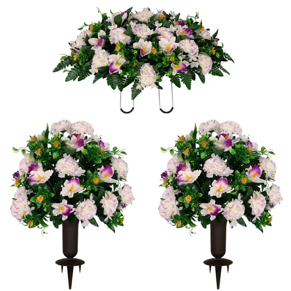 Sympathy Silks Artificial Cemetery Flowers White and Purple Carnation and Alstroemeria Saddle and 2 Bouquet with Vase