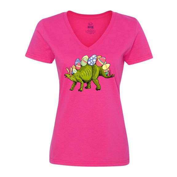Inktastic Easter Bunny Stegosaurus with Eggs and Pink Ears Women's V-Neck T-Shirt