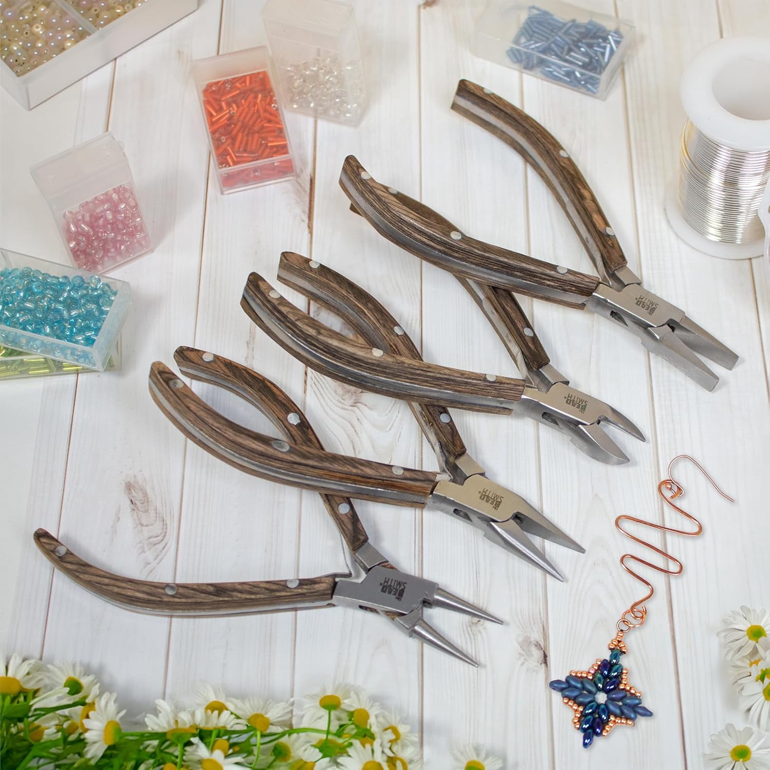 The Beadsmith Natural Elements Pliers Set - 4-Piece Kit: Chain Nose, Round Nose, Flat Nose, Side Cutter and Canvas Carrying Case – Natural Wooden Handles - Tools for Jewelry Making
