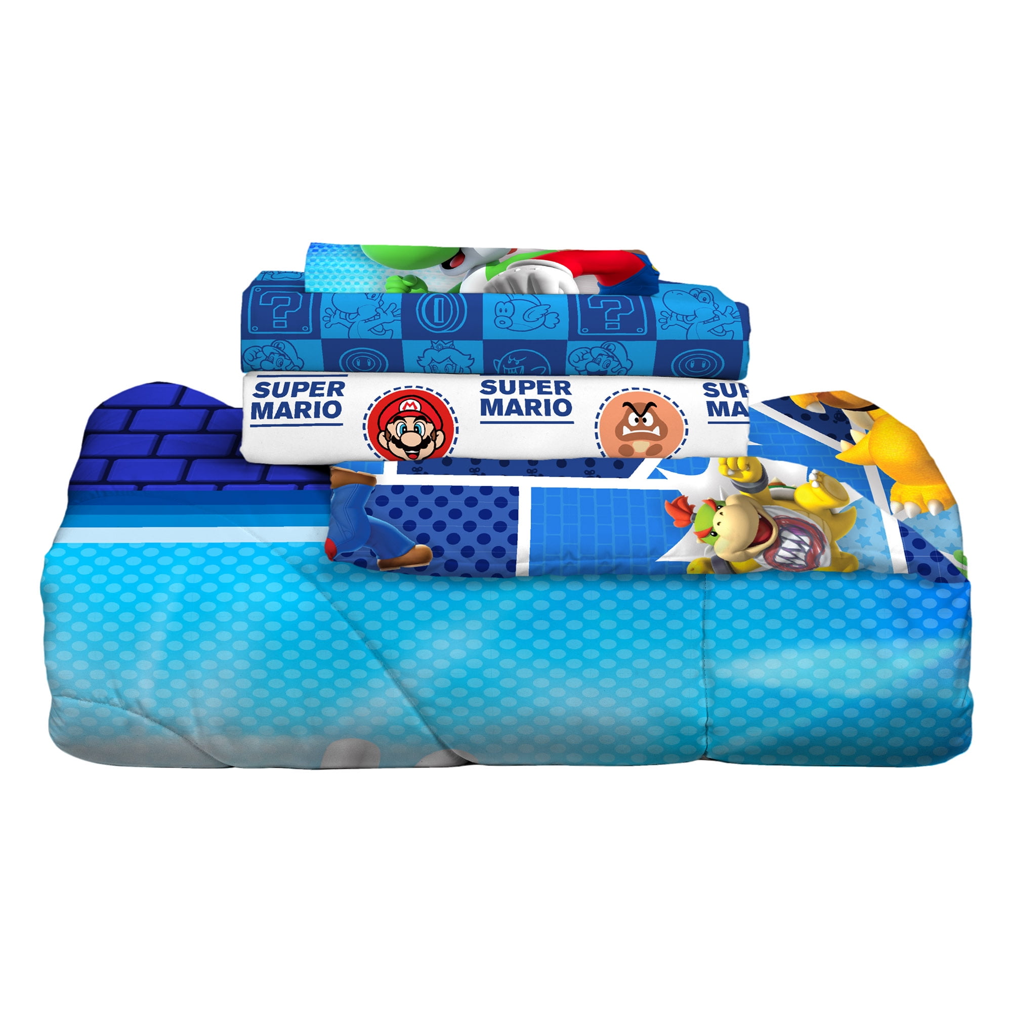 Super Mario Kids 4 Piece Blue White Reversible Comforter, Bed in a Bag, Twin
