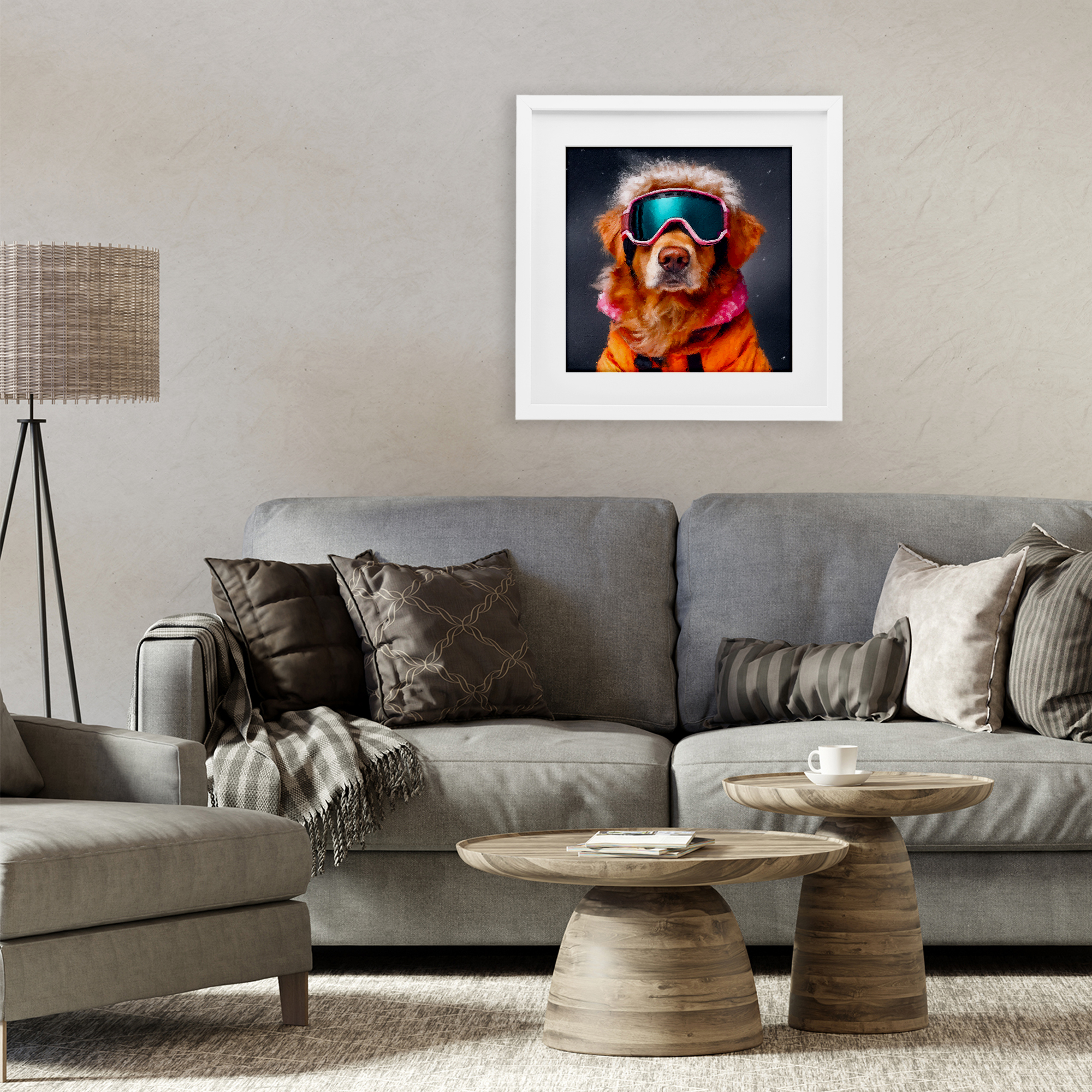 Ski Dog with Goggles White Framed Print Under Glass, design by Sean Parnell