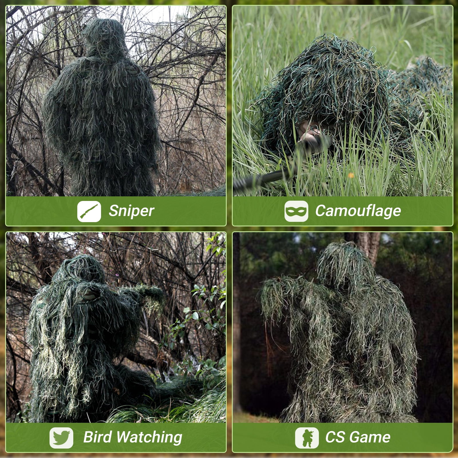 MOPHOTO 5 in 1 Ghillie Suit 3D Camouflage Hunting Suits - Jacket, Pants, Hood, Carry Bag for Adults & Youth, M/L/XL/XXL