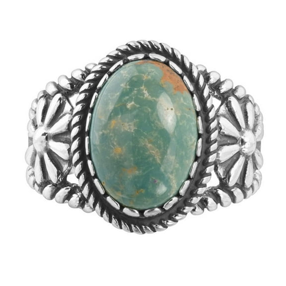 Sterling Silver Green Turquoise Gemstone Floral Rope Concha Ring, Sizes 5 to 10