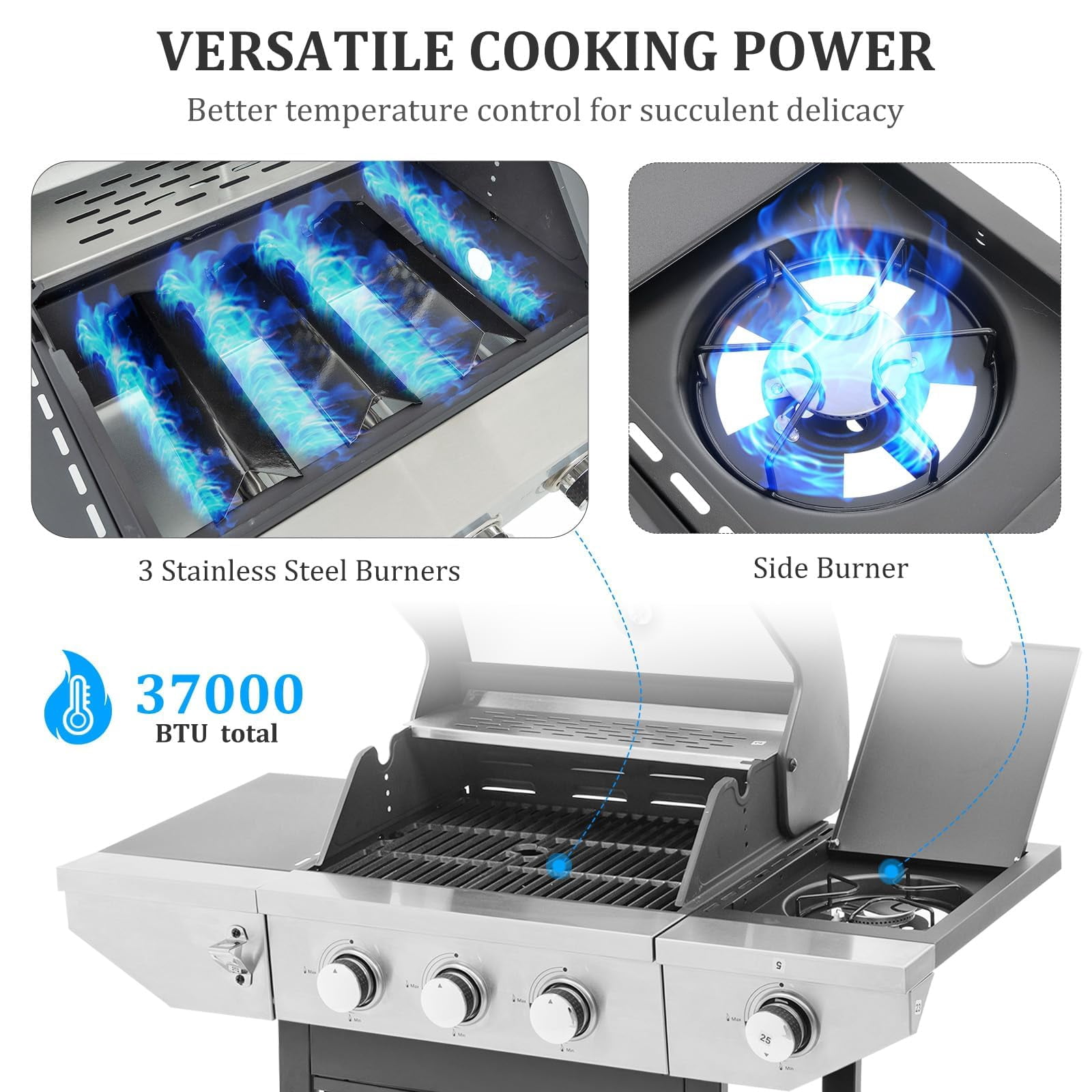 Vantic 3-Burner Propane Gas BBQ Grill with Side Burner & Porcelain-Enameled Cast Iron Grates Built-in Thermometer, 37,000 BTU Outdoor Cooking, Patio, Garden Barbecue Grill, Black and Silver