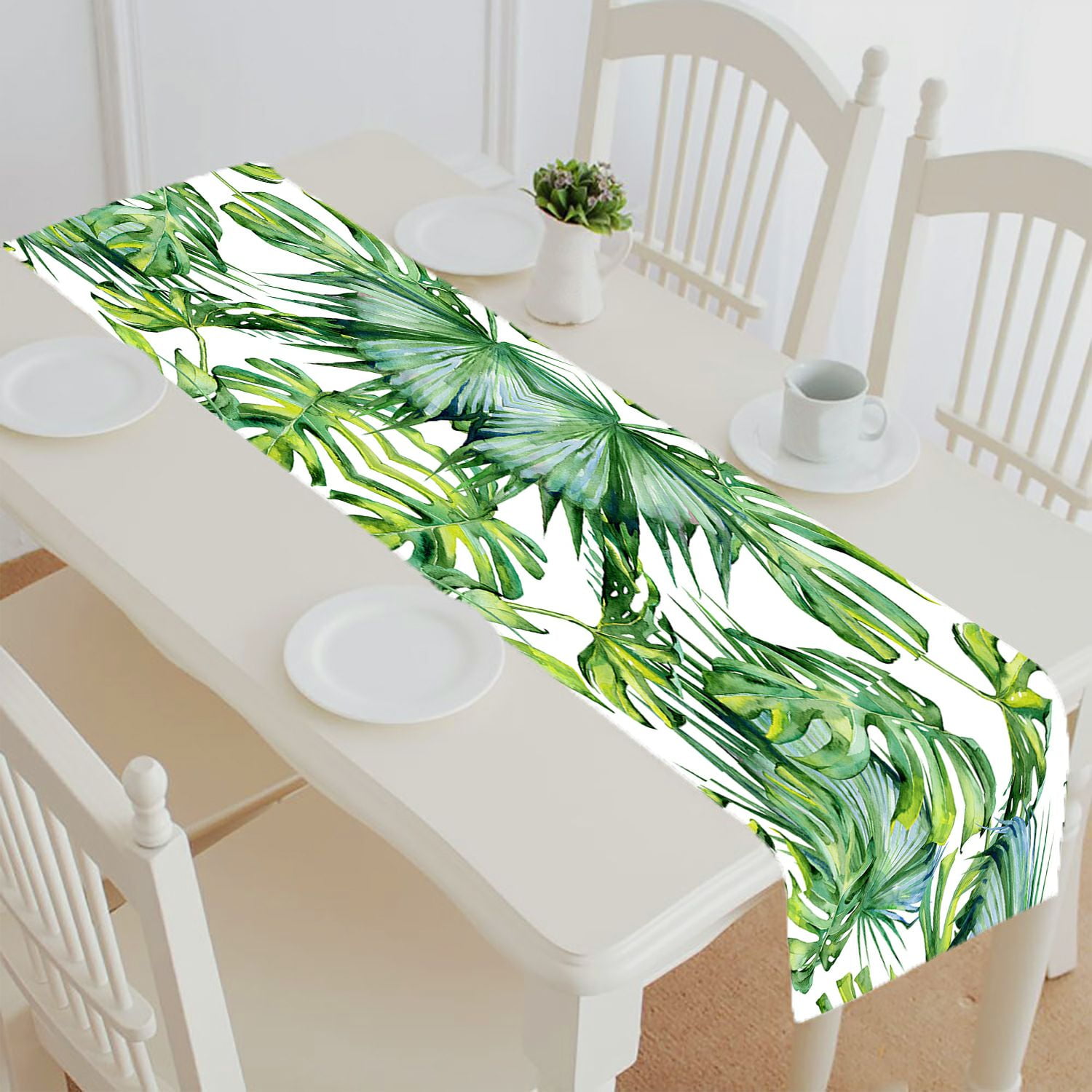 ABPHQTO Tropical Leaves Dense Jungle Hand Painted Banner Table Runner