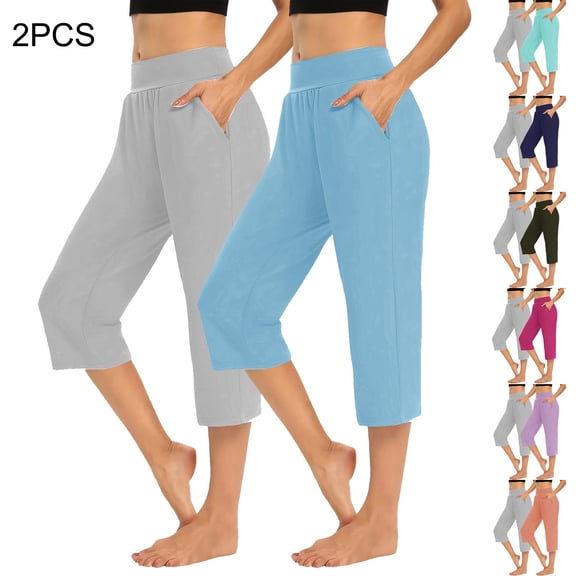 BVOFAR Womens Pull On Capri Pants Lightweight High Waist Yoga Capris Comfy Straight Leg Lounge Pants with Pockets Sky Blue L