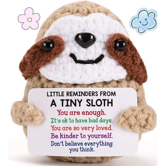 Positive Crochet Sloth Emotional Support Gift with Inspirational Card, Cute Knitted Sloth Encouragement Gift Mental Health Gift Funny Desk Decor Gift for Friends Coworkers Women Men