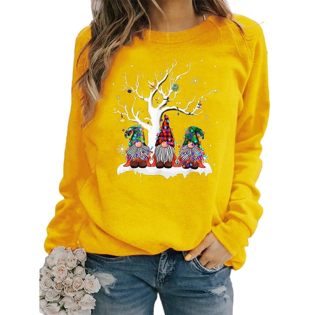 Innerwin Sweatshirts de Noël Imprimé Gnome pour Femmes, Pull-Over, Col Rond, Confortable, Jaune TP