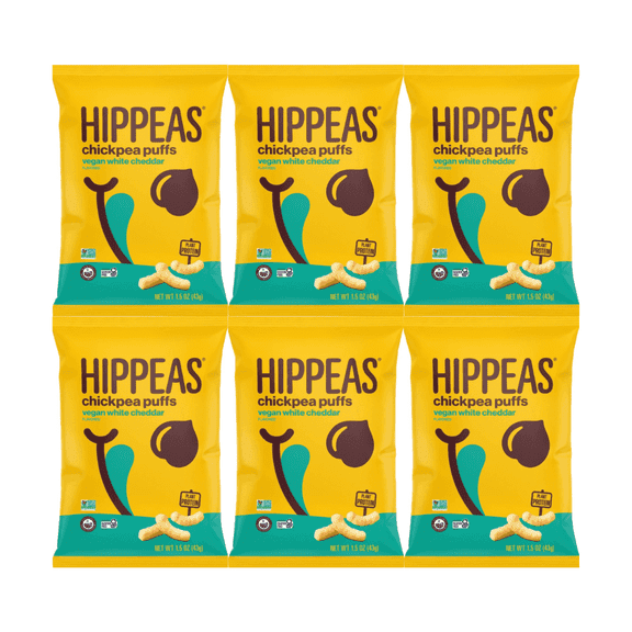 Snack Pack Hippeas Chickpea Puffs Vegan White Cheddar 6 Pack, 1.5oz – Organic Plant-Based Puffed Snacks, Crunchy Gluten-Free Chickpea Chips, Healthy Vegan Snack for Kids & Adults