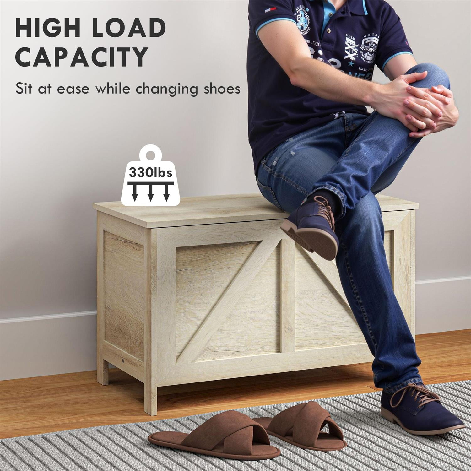 Demi Bonn 30" Wood Storage Bench with Lift Top and Safety Hinge, Farmhouse Style Trunk for Living Room, Bedrooms & Entryways, Beige