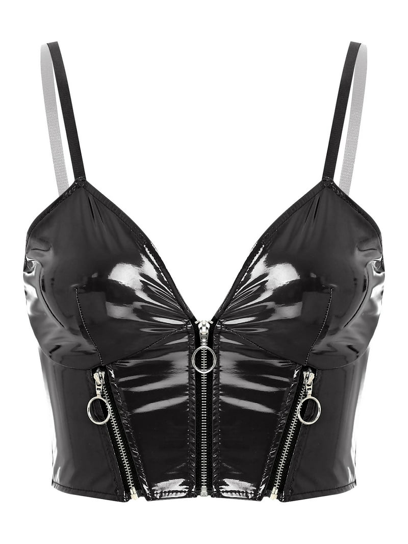 Haitryli Women's Metallic Leather Crop Tops Zipper Front