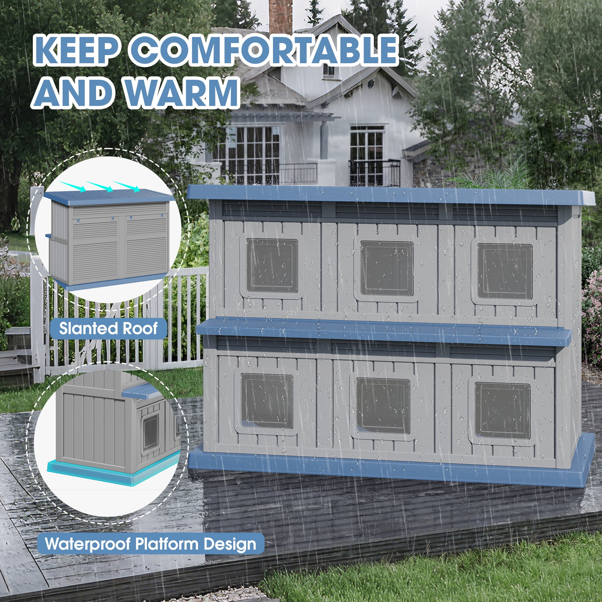 Bifanuo Outdoor Cat House,Double-Decker Resin Cat House,Weatherproof UV Protection Cat Shelter for Feral Cats,Assemble Easily for Home & Yard,Blue&Gray