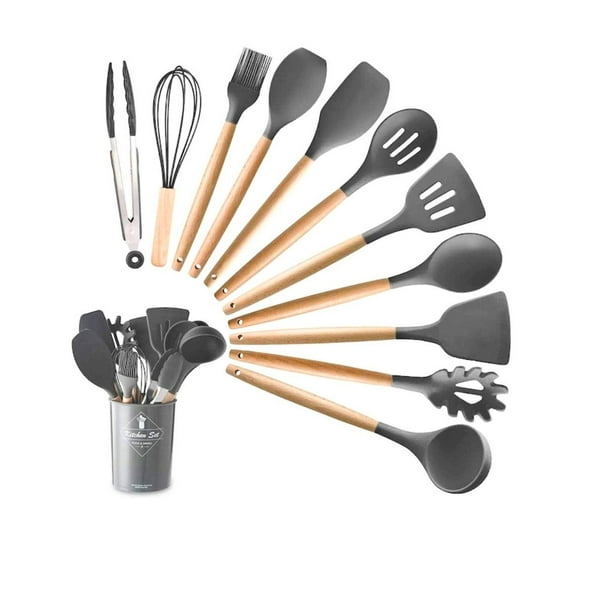Set de Utensilios de Cocina OKAERI Silicona Madera Juego Cucharas + Regalo Gris