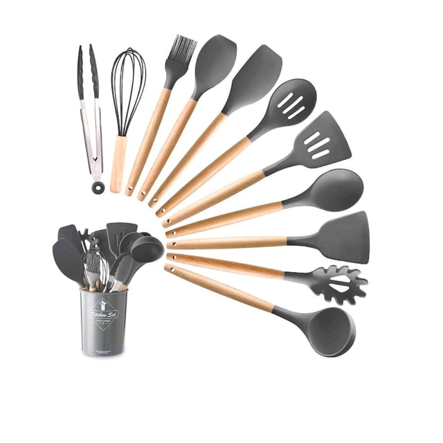 Set de Utensilios de Cocina OKAERI Silicona Madera Juego Cucharas + Regalo Gris
