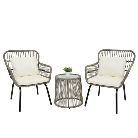 3-Piece Patio Conversation Bistro Set, Outdoor All-Weather Wicker Furniture for Porch, Backyard with 2 Wide Ergonomic Chairs, Cushions, Glass Top Table, Outdoor Chair Set for Poolside, Tan, Q17619