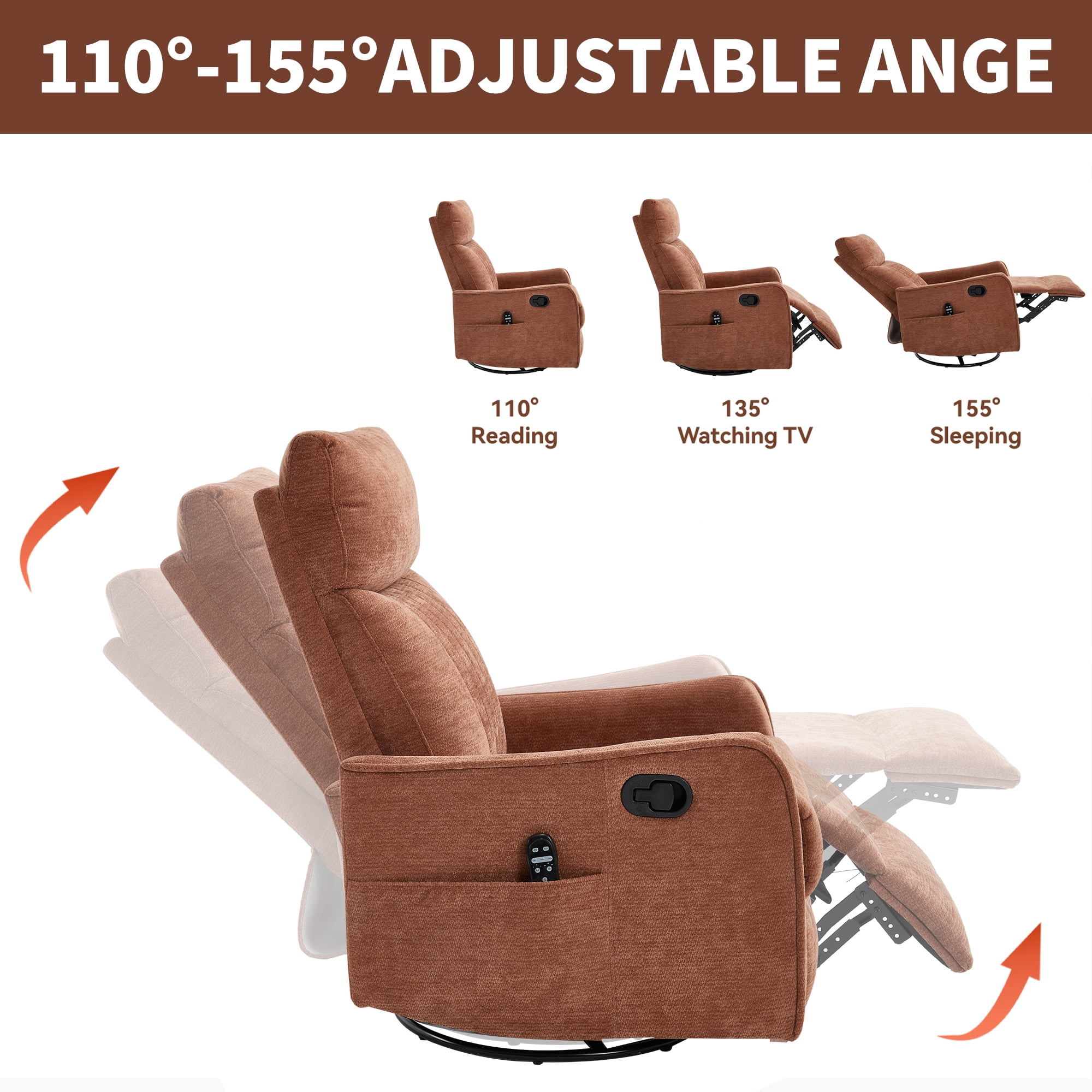 Gewnee 360° Swivel Rocking Recliner with Massage & Heat, Adjustable Reclining Angle, for Living Room & Office，Orange