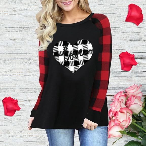 Baqcunre Valentine'S Day Shirts For Women New Year Round Neck T Shirt Plaid Printing Long Sleeve Top Valentines Day Love Shirts(Black S-3XL),Womens Tops Graphic Tees Shirts For Women Womens Tops