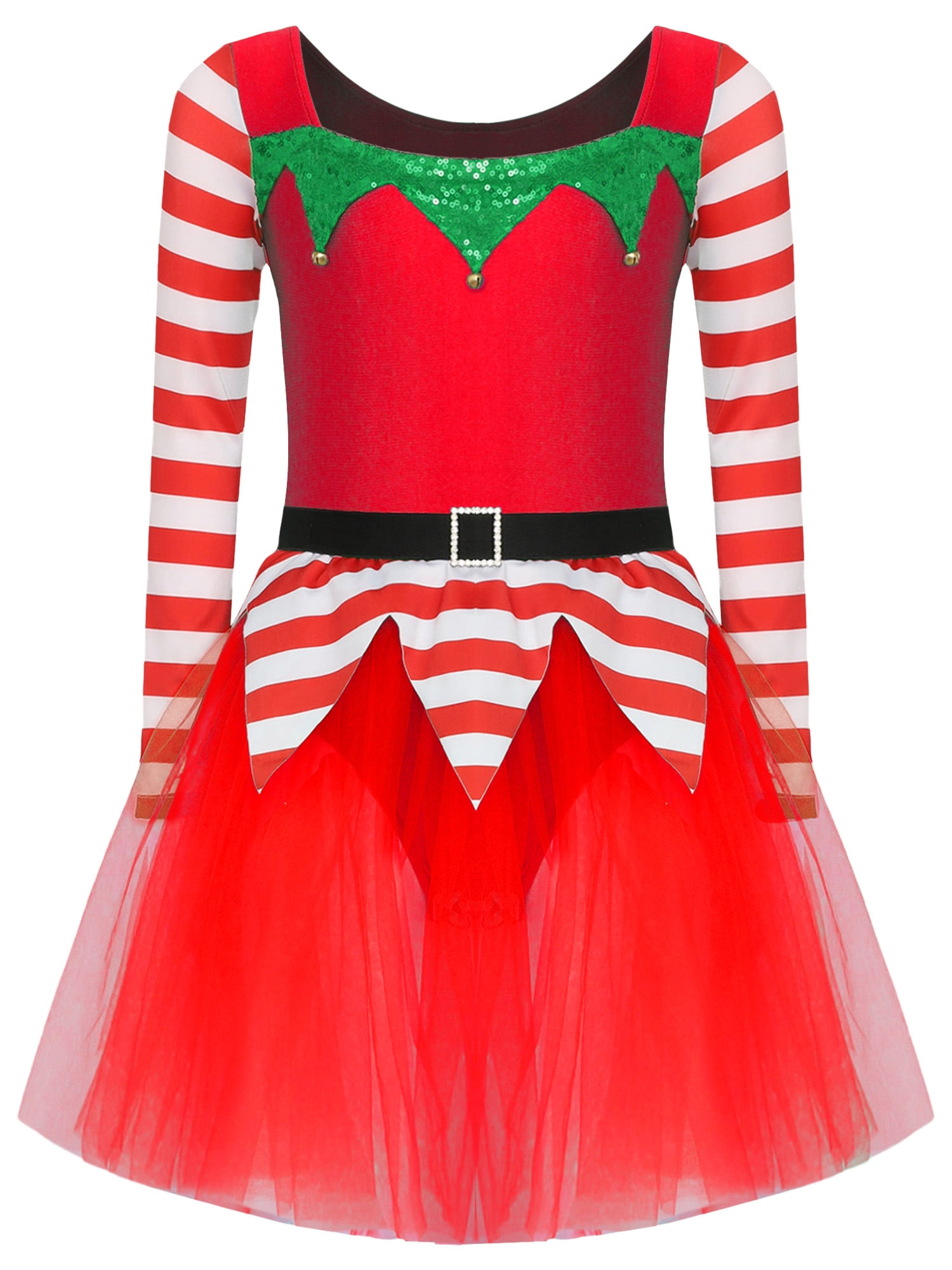 iEFiEL Kids Girls Christmas Elf Dress Long Sleeve Stripes Tutu Dance Dress Leotard Santa Little Helper Outfit Red 6