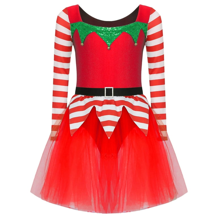 iiniim Christmas Holiday Ice Skating Dress for Girls Santa Elf Cosplay  Dance Performance Fancy Dress Red 10