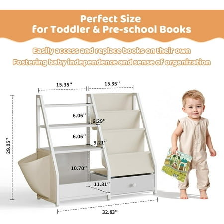 Kids Bookshelf and Toy Storage - White Triangular Book Shelf for Kids Rooms, Toddler Bookcase Baby Bookcase Nursery Montessori Toy Organizer