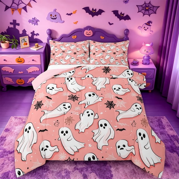 Homewish Cartoon Halloween Ghost Full Size Comforter Sets,Spider Web Bat Pattern Bedding Comforter Set,Blush Pink White,Pink Reversible,3 Pieces,1 Comforter and 2 Pillowcases